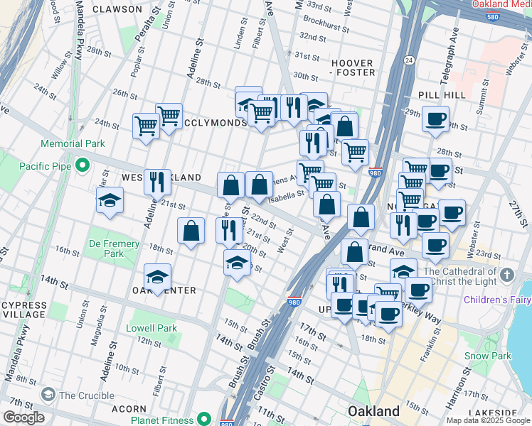 map of restaurants, bars, coffee shops, grocery stores, and more near 2222 Curtis Street in Oakland