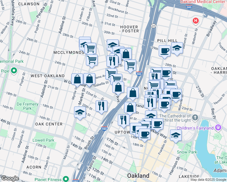 map of restaurants, bars, coffee shops, grocery stores, and more near 2288 San Pablo Avenue in Oakland