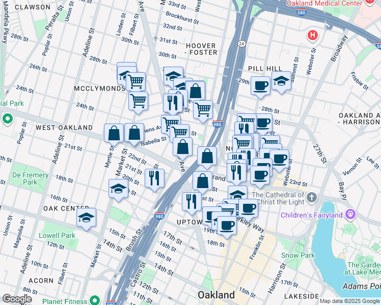 map of restaurants, bars, coffee shops, grocery stores, and more near 674 23rd Street in Oakland
