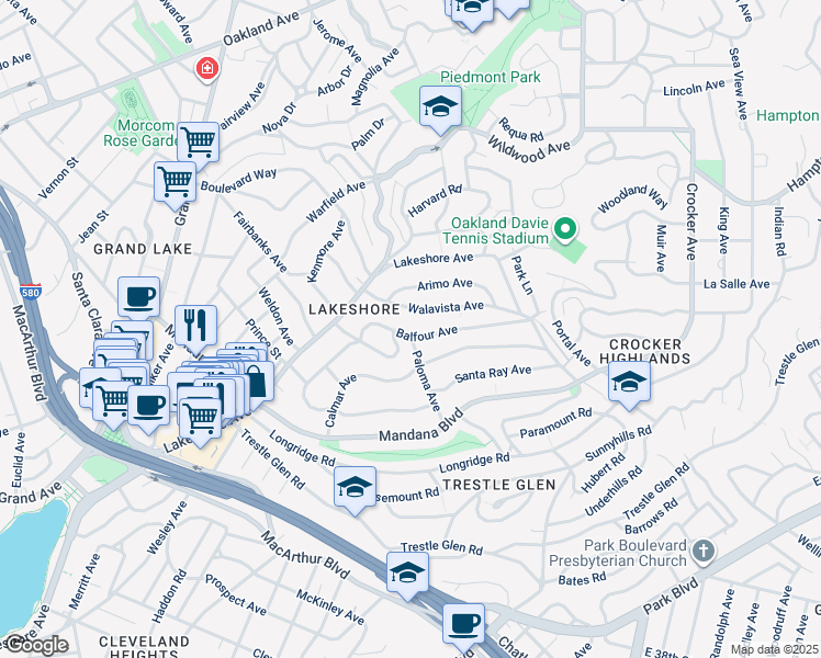 map of restaurants, bars, coffee shops, grocery stores, and more near 3925 Balfour Avenue in Oakland