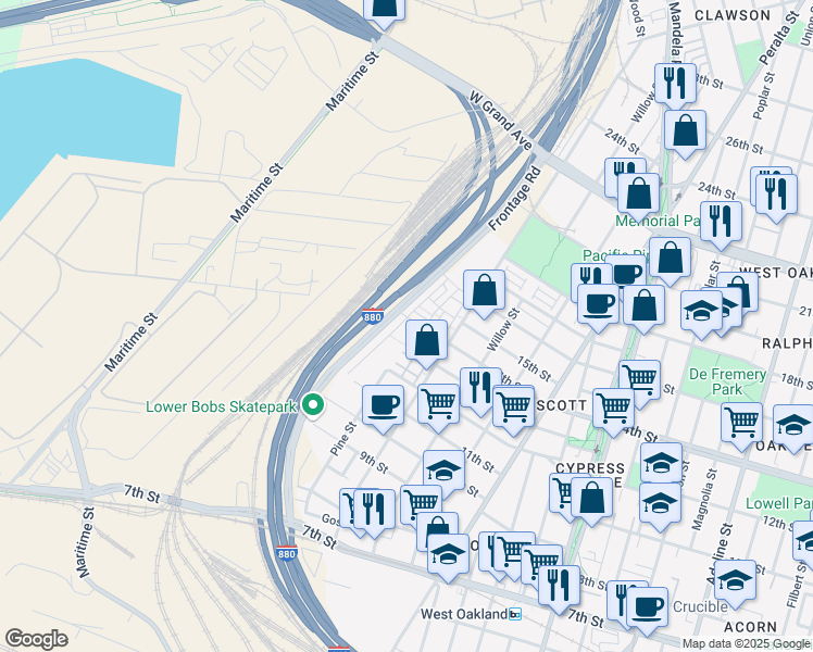map of restaurants, bars, coffee shops, grocery stores, and more near 1801 14th Street in Oakland