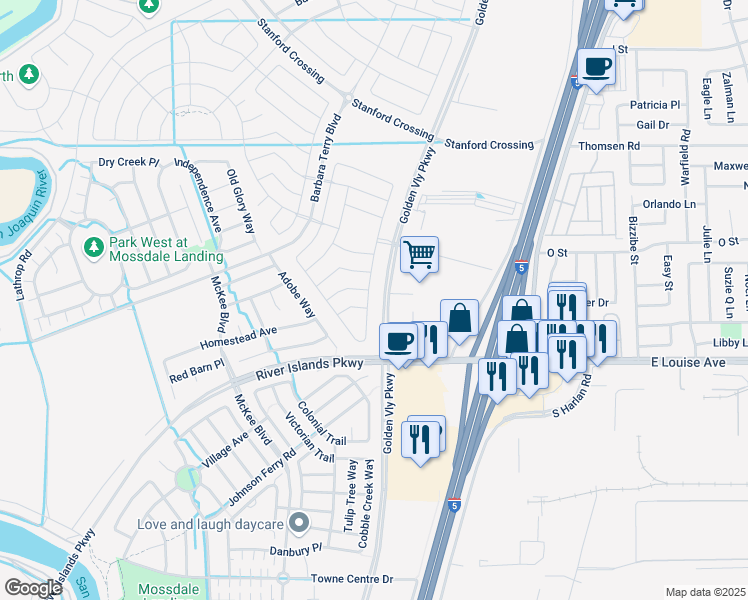 map of restaurants, bars, coffee shops, grocery stores, and more near 16320 Bandon Lane in Lathrop