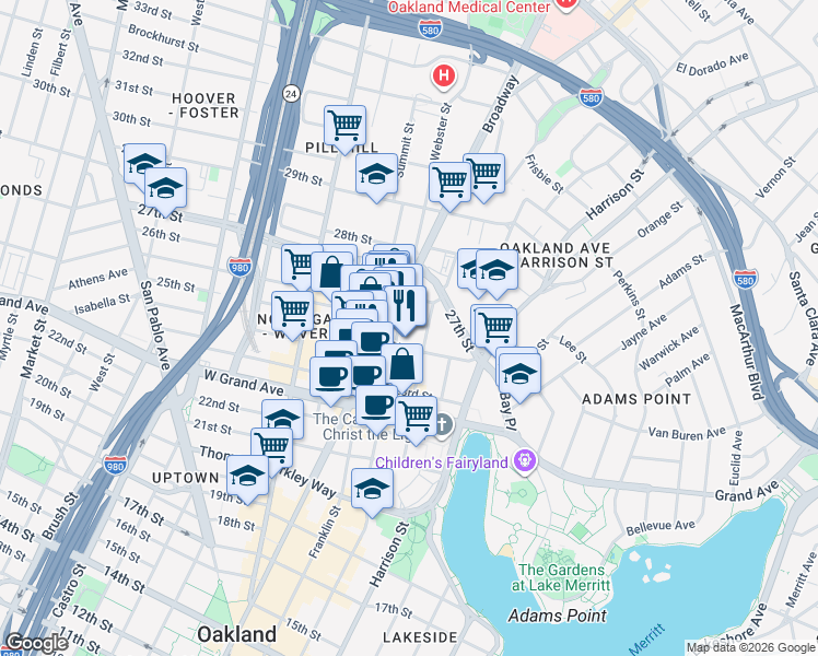 map of restaurants, bars, coffee shops, grocery stores, and more near 2400 Broadway in Oakland
