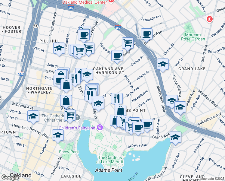 map of restaurants, bars, coffee shops, grocery stores, and more near 265 Adams Street in Oakland