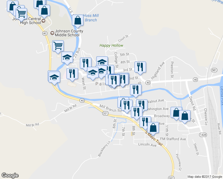 map of restaurants, bars, coffee shops, grocery stores, and more near 212 Court Street in Paintsville