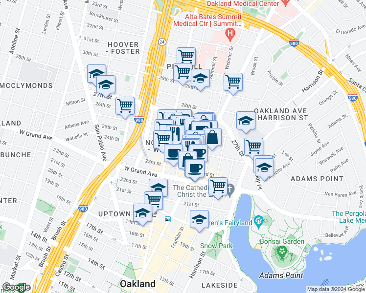 map of restaurants, bars, coffee shops, grocery stores, and more near 105 24th Street in Oakland
