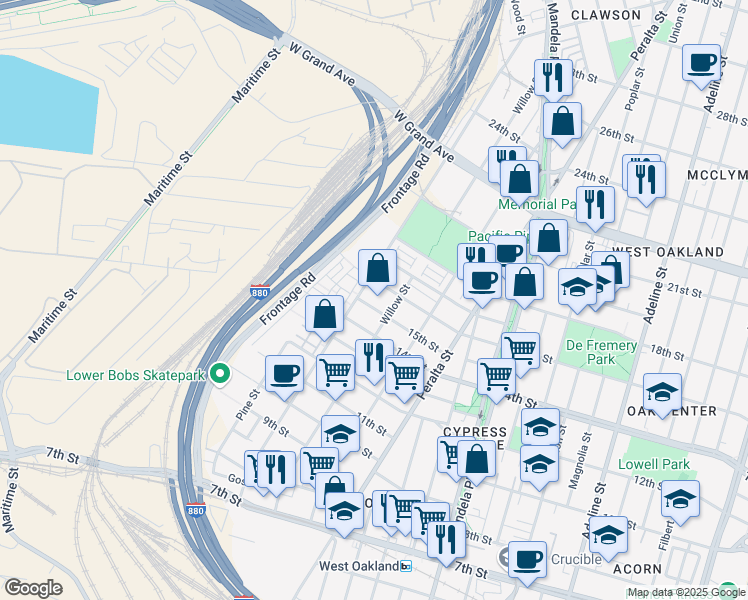 map of restaurants, bars, coffee shops, grocery stores, and more near 1719 15th Street in Oakland