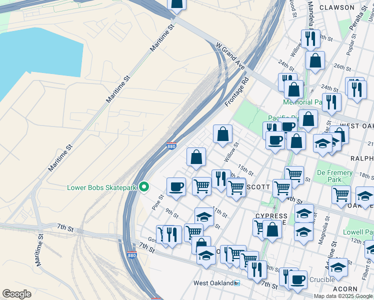 map of restaurants, bars, coffee shops, grocery stores, and more near 1801 14th Street in Oakland