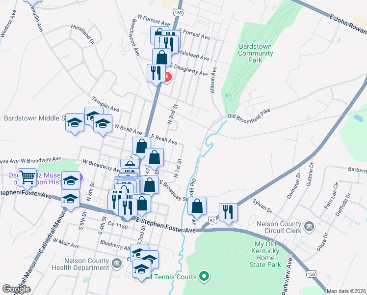 map of restaurants, bars, coffee shops, grocery stores, and more near 400-498 N 1st St in Bardstown