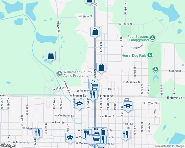 map of restaurants, bars, coffee shops, grocery stores, and more near 1121 North Park Avenue in Herrin