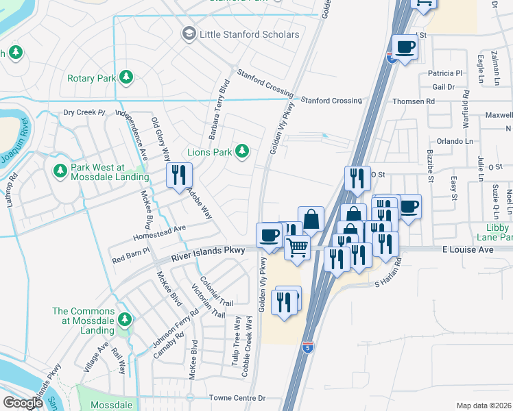 map of restaurants, bars, coffee shops, grocery stores, and more near 16101 Golden Valley Parkway in Lathrop