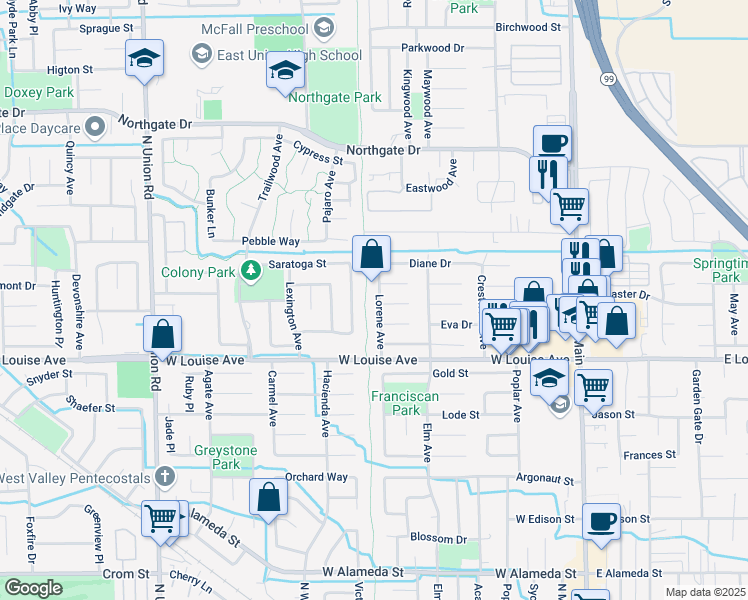 map of restaurants, bars, coffee shops, grocery stores, and more near 654 Helen Court in Manteca