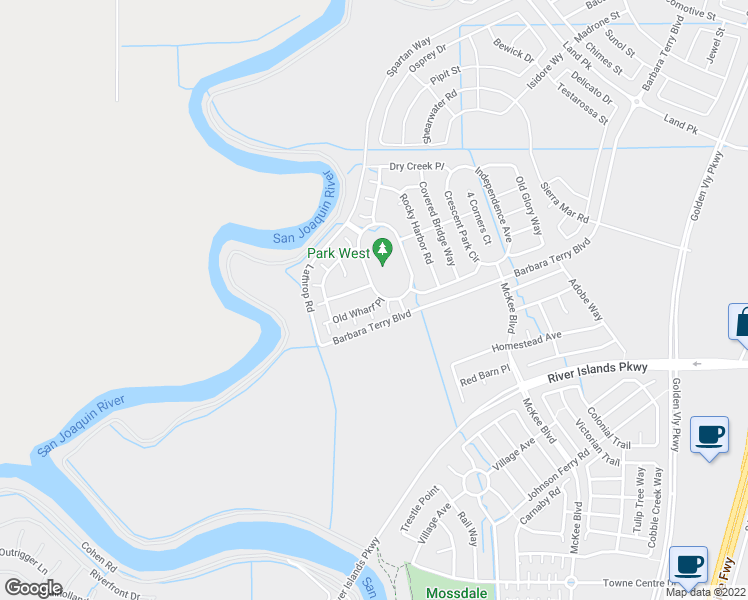 map of restaurants, bars, coffee shops, grocery stores, and more near 1005 Old Wharf Place in Lathrop