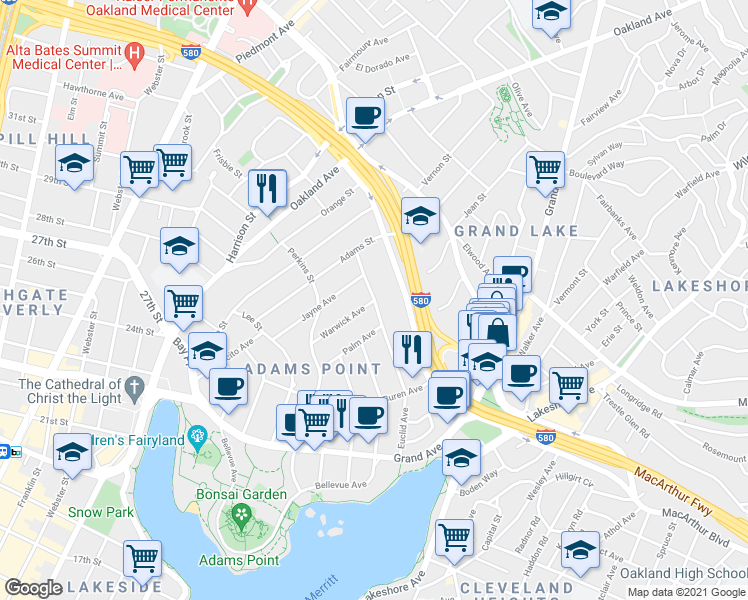 map of restaurants, bars, coffee shops, grocery stores, and more near Euclid Avenue & Warwick Avenue in Oakland