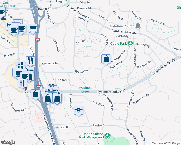 map of restaurants, bars, coffee shops, grocery stores, and more near 317 Barton Court in Danville
