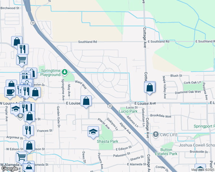map of restaurants, bars, coffee shops, grocery stores, and more near 1221 Parkcrest Circle in Manteca