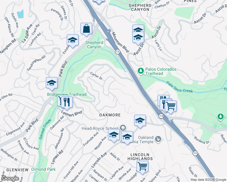 map of restaurants, bars, coffee shops, grocery stores, and more near 2038 Melvin Road in Oakland