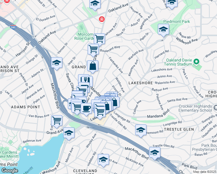 map of restaurants, bars, coffee shops, grocery stores, and more near 531 Prince Street in Oakland