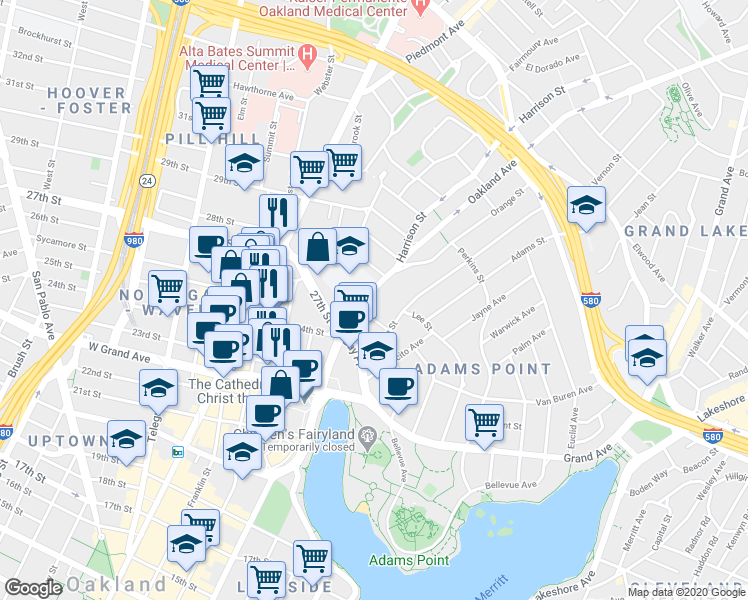 map of restaurants, bars, coffee shops, grocery stores, and more near 2600 Harrison Street in Oakland