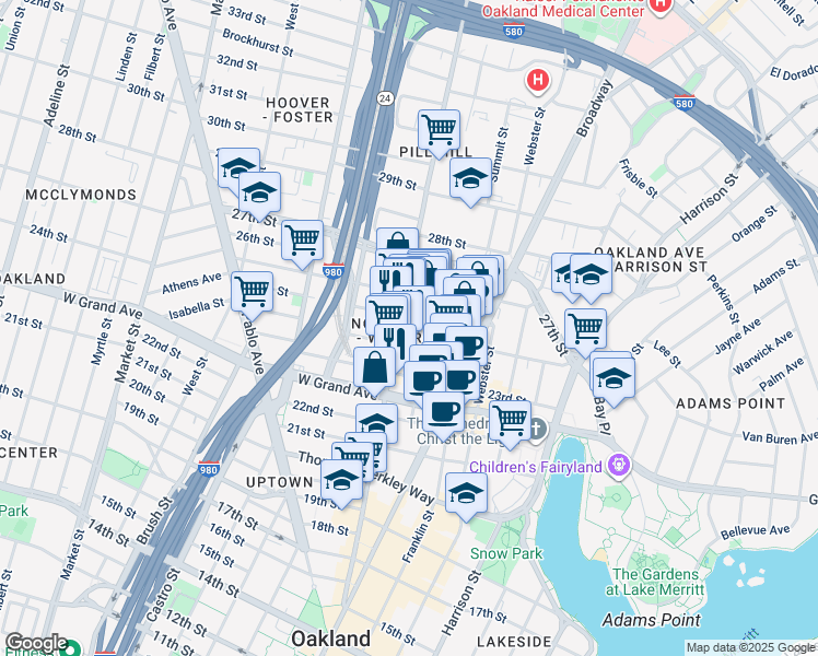 map of restaurants, bars, coffee shops, grocery stores, and more near in Oakland