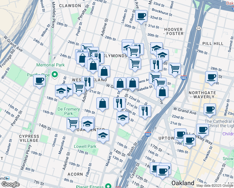 map of restaurants, bars, coffee shops, grocery stores, and more near in Oakland
