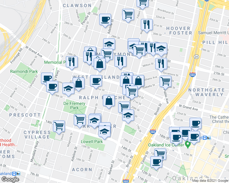 map of restaurants, bars, coffee shops, grocery stores, and more near 2023 Filbert Street in Oakland