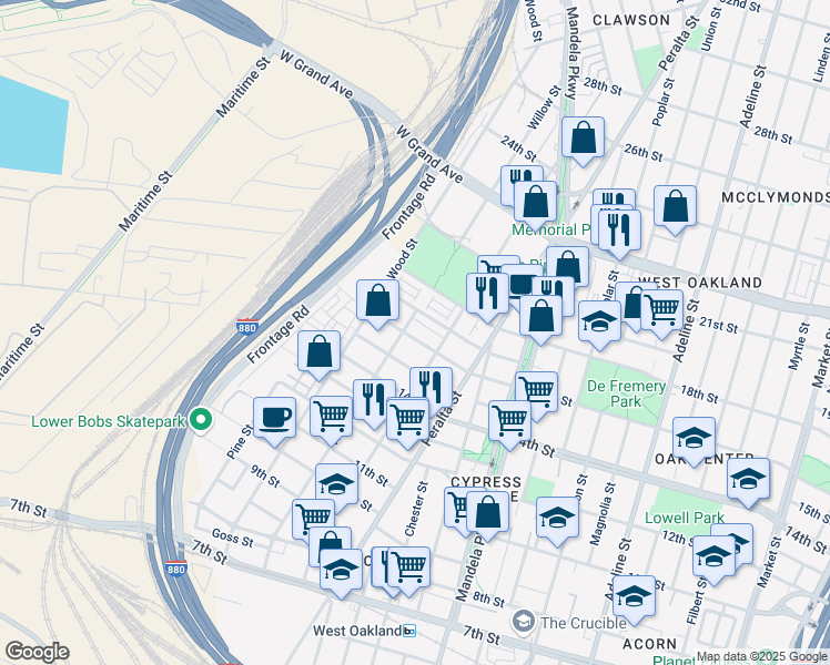 map of restaurants, bars, coffee shops, grocery stores, and more near 1673 16th Street in Oakland