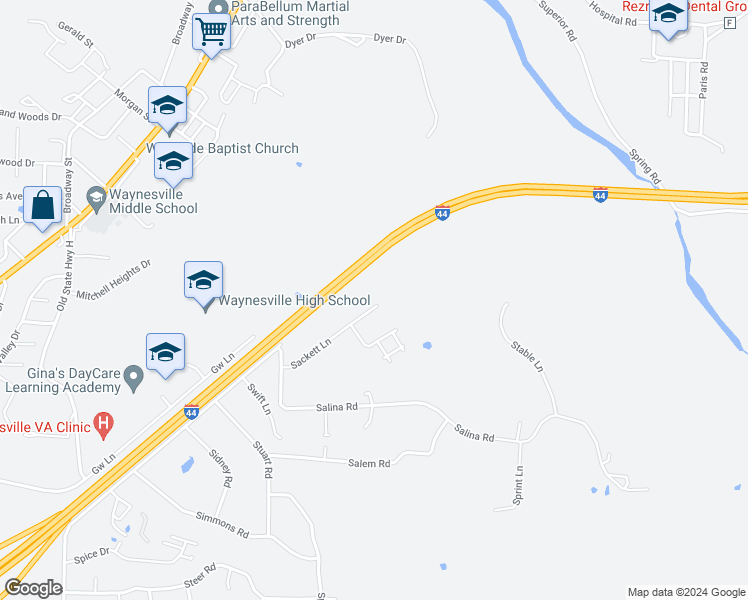 map of restaurants, bars, coffee shops, grocery stores, and more near 19706 Sackett Lane in Waynesville