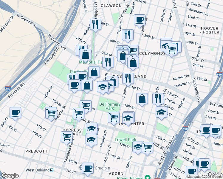 map of restaurants, bars, coffee shops, grocery stores, and more near in Oakland