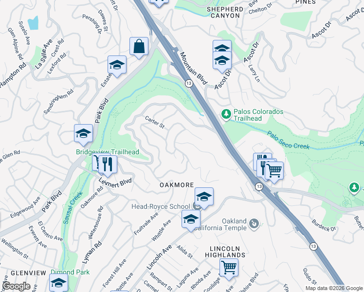 map of restaurants, bars, coffee shops, grocery stores, and more near 2038 Melvin Road in Oakland