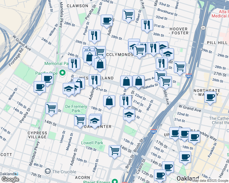 map of restaurants, bars, coffee shops, grocery stores, and more near 1006 21st Street in Oakland
