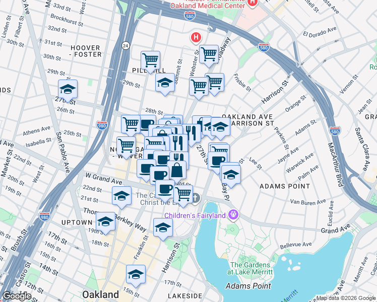 map of restaurants, bars, coffee shops, grocery stores, and more near 2412 Valdez Street in Oakland