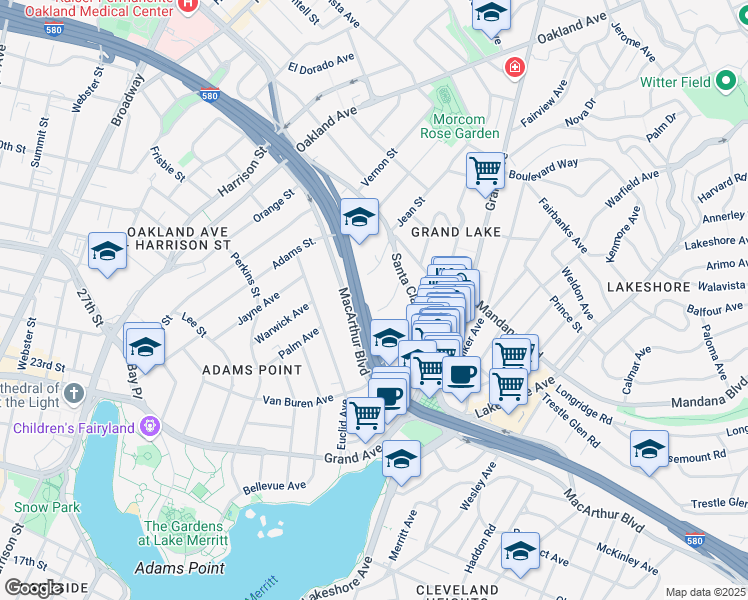 map of restaurants, bars, coffee shops, grocery stores, and more near 466 Crescent Street in Oakland