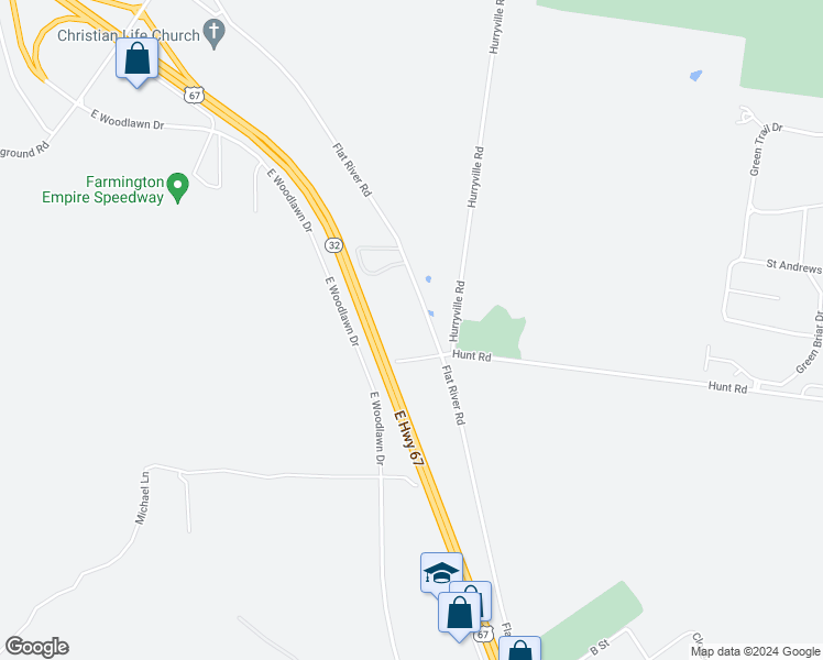 map of restaurants, bars, coffee shops, grocery stores, and more near 4125 Hunt Road in Farmington