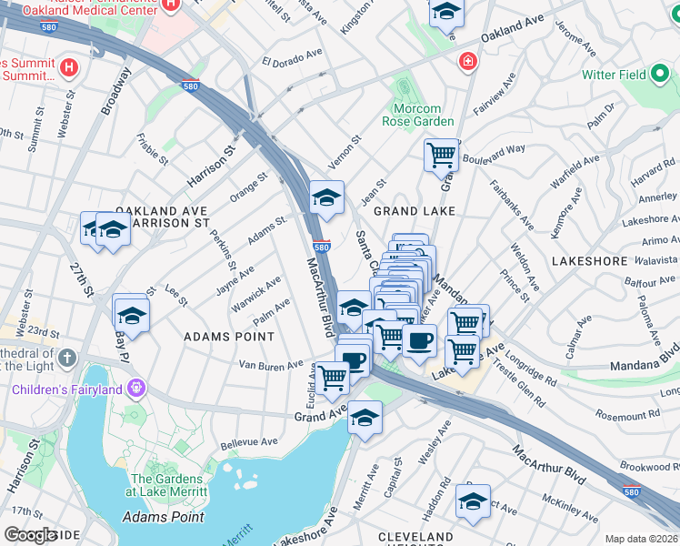 map of restaurants, bars, coffee shops, grocery stores, and more near 455 Crescent Street in Oakland