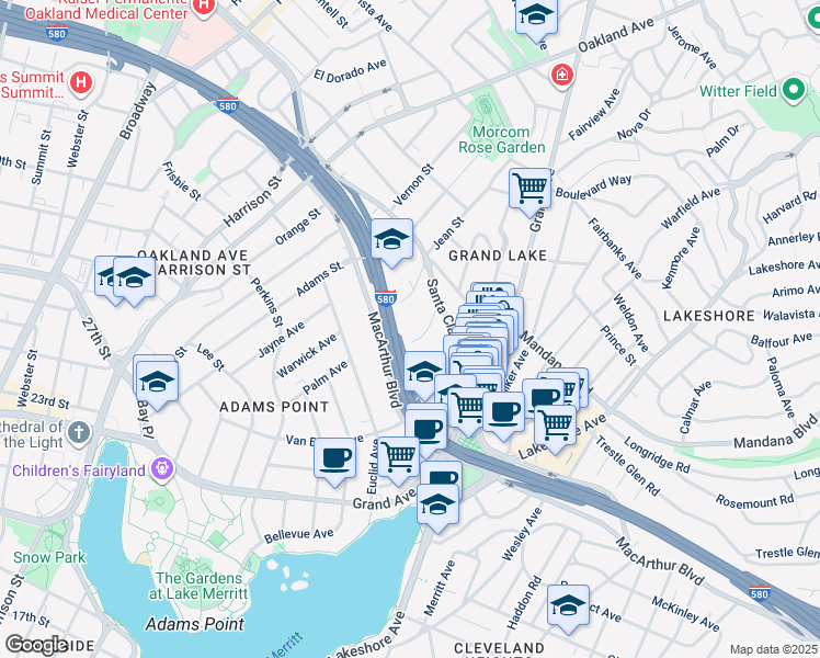 map of restaurants, bars, coffee shops, grocery stores, and more near 455 Crescent Street in Oakland