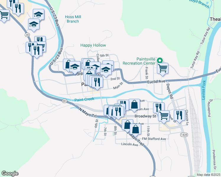 map of restaurants, bars, coffee shops, grocery stores, and more near 139 Main Street in Paintsville