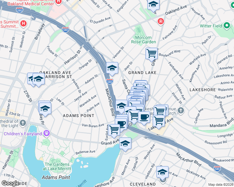 map of restaurants, bars, coffee shops, grocery stores, and more near 455 Crescent Street in Oakland