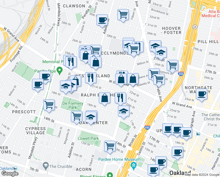 map of restaurants, bars, coffee shops, grocery stores, and more near 1008 21st Street in Oakland