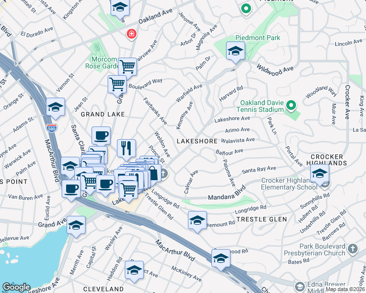 map of restaurants, bars, coffee shops, grocery stores, and more near 3773 Lakeshore Avenue in Oakland