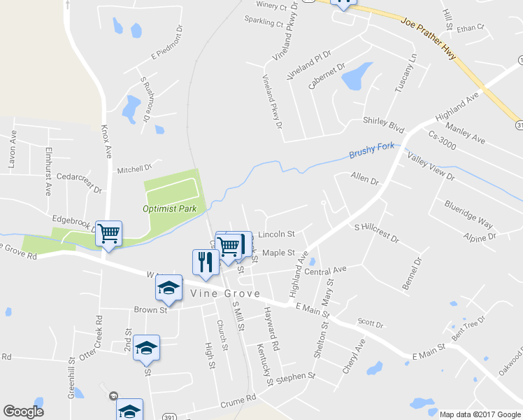 map of restaurants, bars, coffee shops, grocery stores, and more near 101 Glenhaven Court in Vine Grove