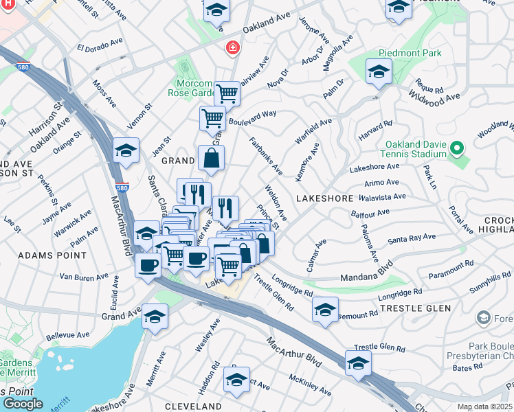 map of restaurants, bars, coffee shops, grocery stores, and more near 531 Prince Street in Oakland