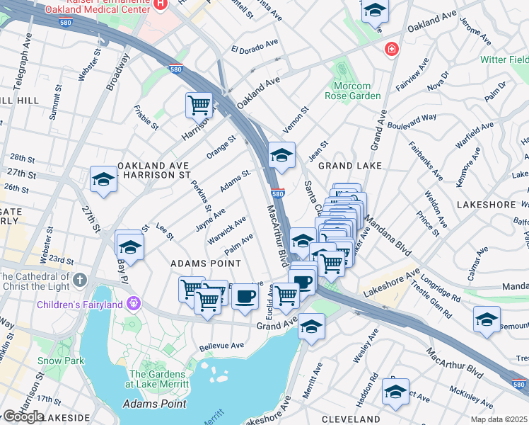 map of restaurants, bars, coffee shops, grocery stores, and more near in Oakland
