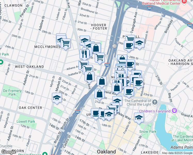 map of restaurants, bars, coffee shops, grocery stores, and more near 2303 Martin Luther King Junior Way in Oakland