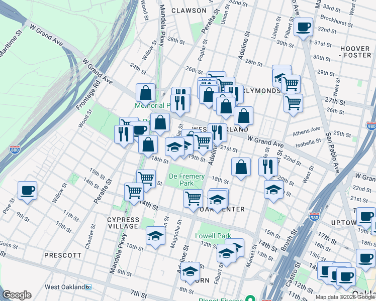 map of restaurants, bars, coffee shops, grocery stores, and more near 1181 19th Street in Oakland