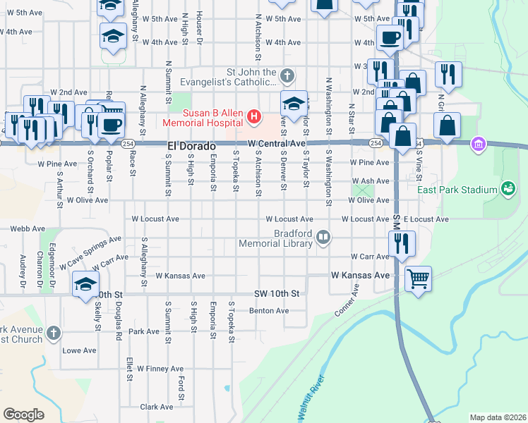 map of restaurants, bars, coffee shops, grocery stores, and more near 637 West Locust Avenue in El Dorado