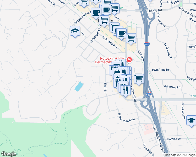 map of restaurants, bars, coffee shops, grocery stores, and more near 11 Appian Court in Danville