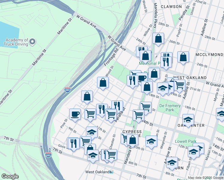 map of restaurants, bars, coffee shops, grocery stores, and more near 1606 Willow Street in Oakland