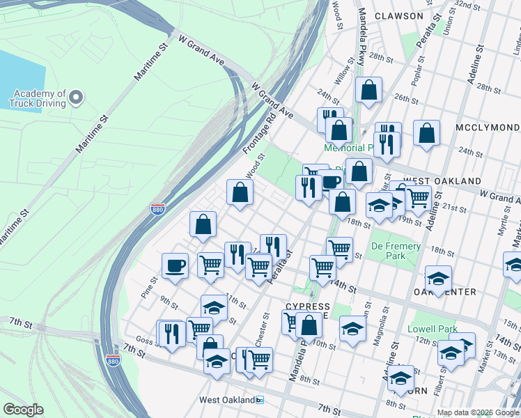 map of restaurants, bars, coffee shops, grocery stores, and more near 1606 Willow Street in Oakland