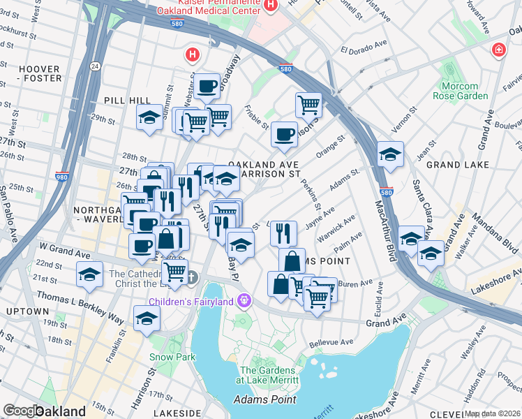 map of restaurants, bars, coffee shops, grocery stores, and more near 97 Vernon Street in Oakland